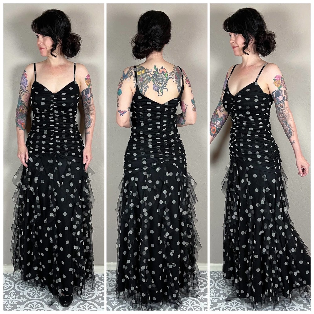 Vintage 1980s Black and White Polka Dot Tulle Ruffled Mermaid Maxi Dress - Picture 3 of 9